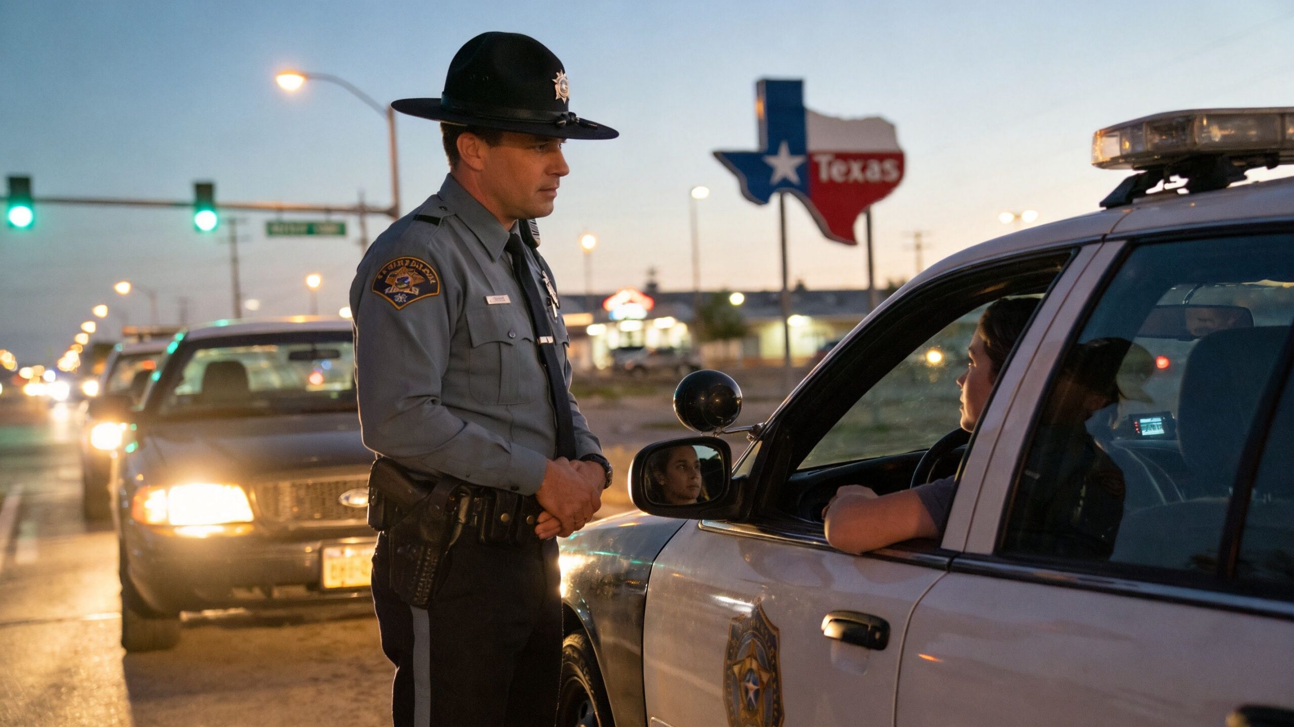 A Texas highway patrol officer stands outside a stopped vehicle while speaking to the driver during sunset.