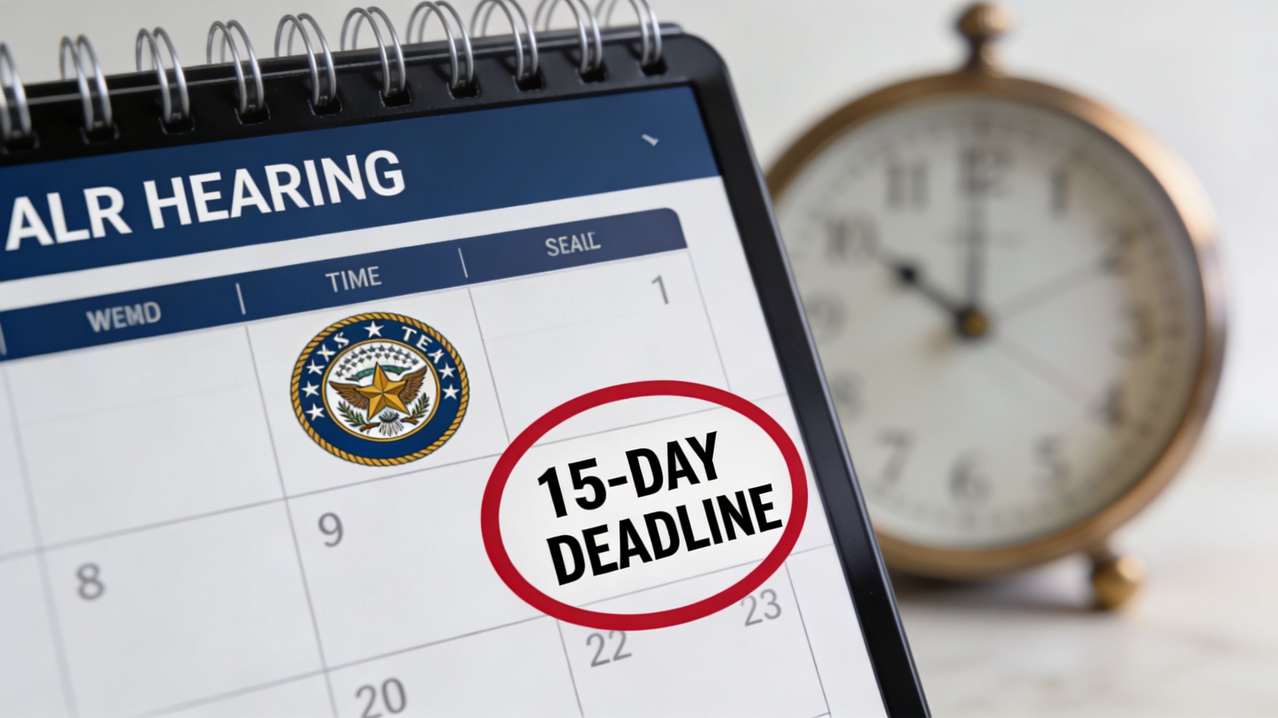 A desk calendar showing a 15-day deadline for an ALR hearing with the Texas state seal.