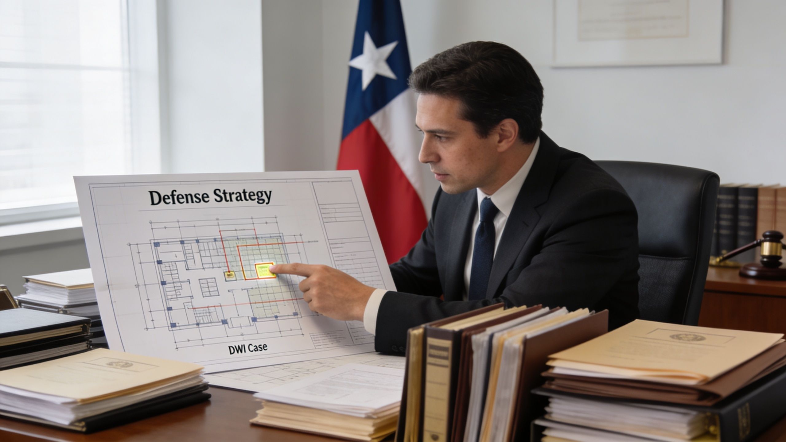 A professional attorney examines a building floor plan on a document labeled Defense Strategy for a DWI case.