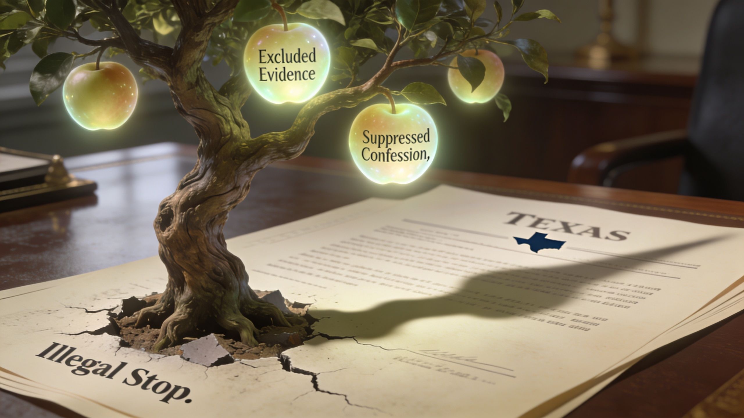 A symbolic tree growing from a document about Texas law, representing consequences like excluded evidence and suppressed confession.
