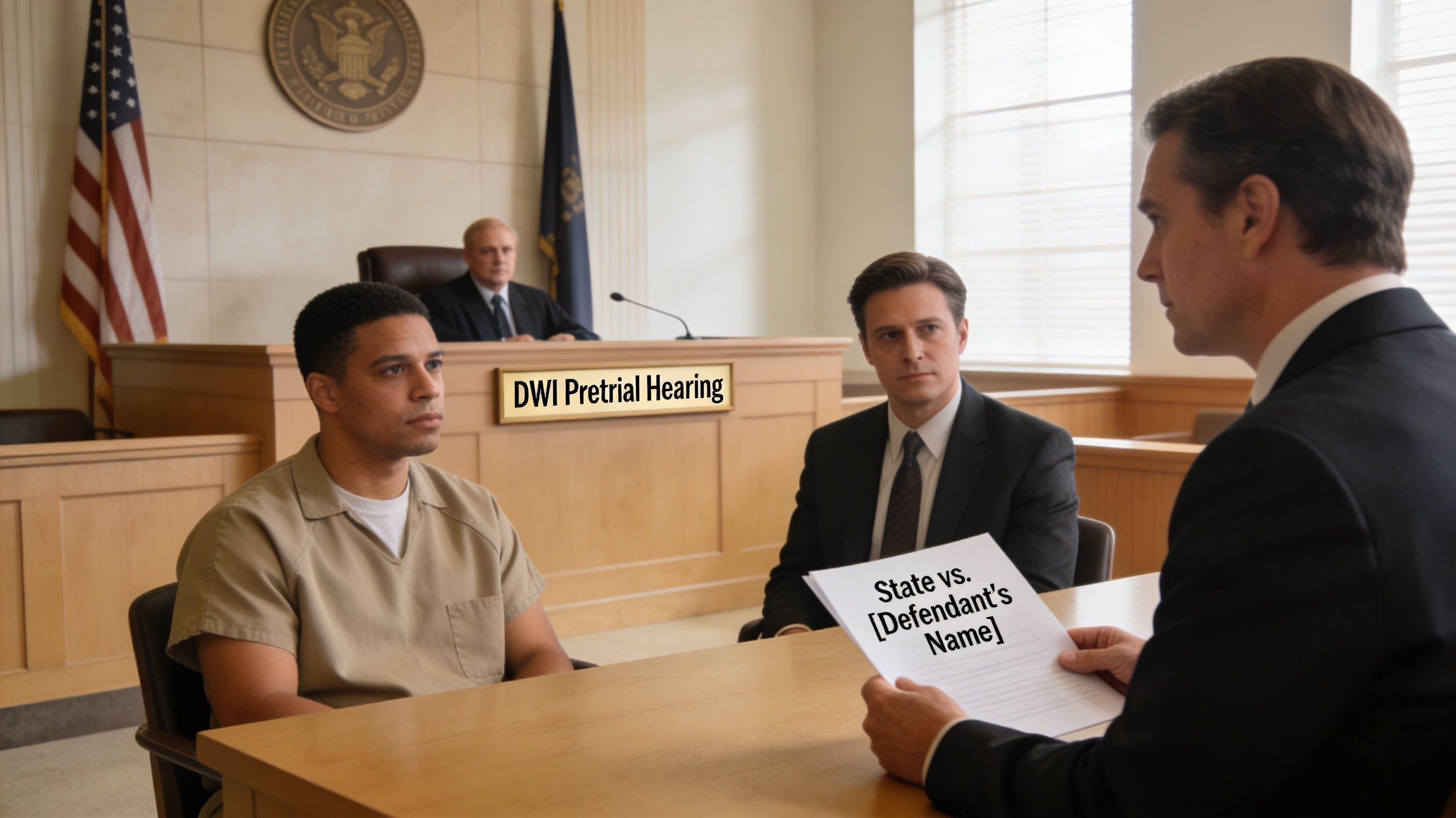 A courtroom scene showing a defendant, his lawyer, and a judge during a DWI pretrial hearing.