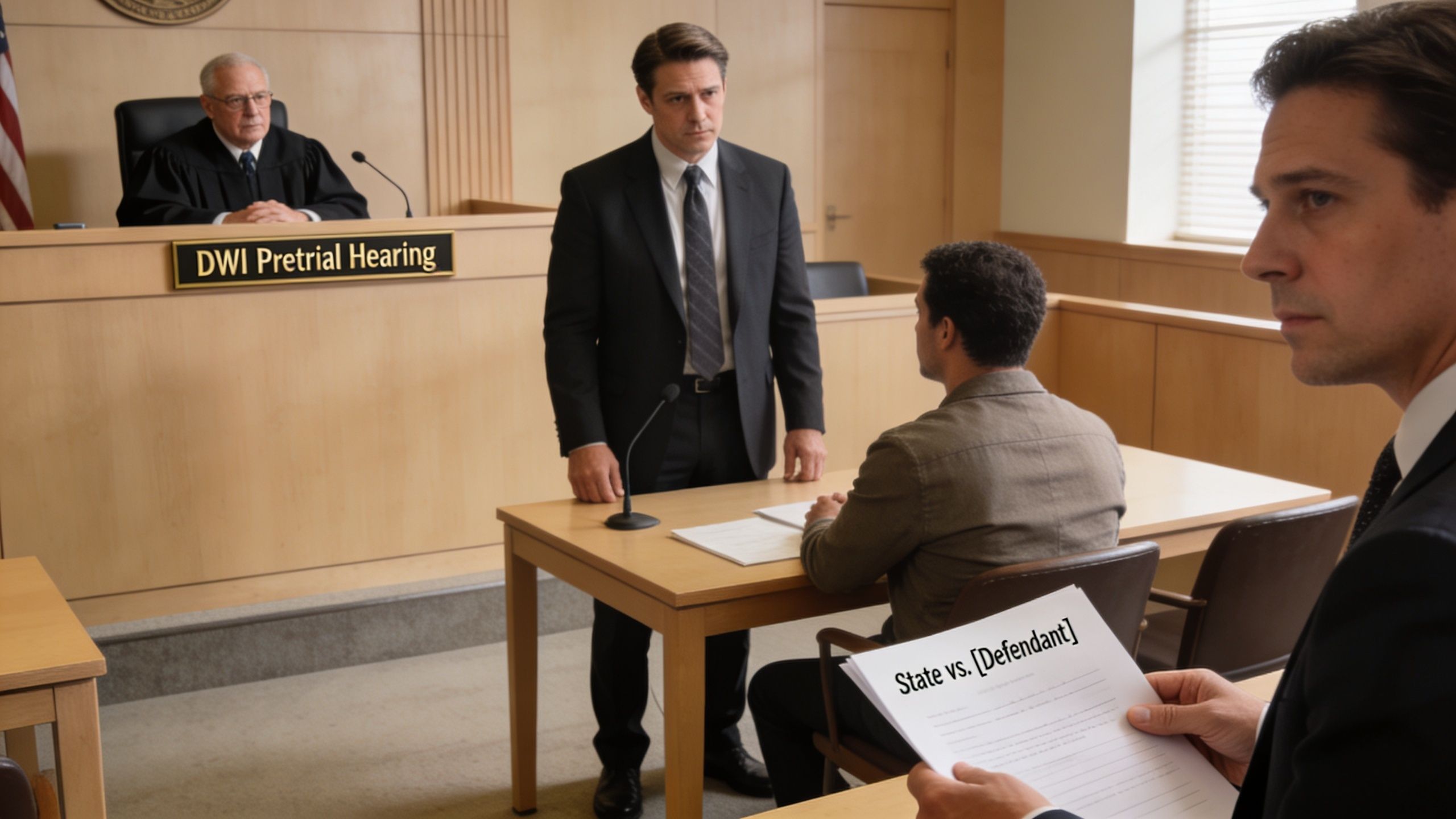 A defense attorney stands before a judge during a formal DWI pretrial hearing in a courtroom.