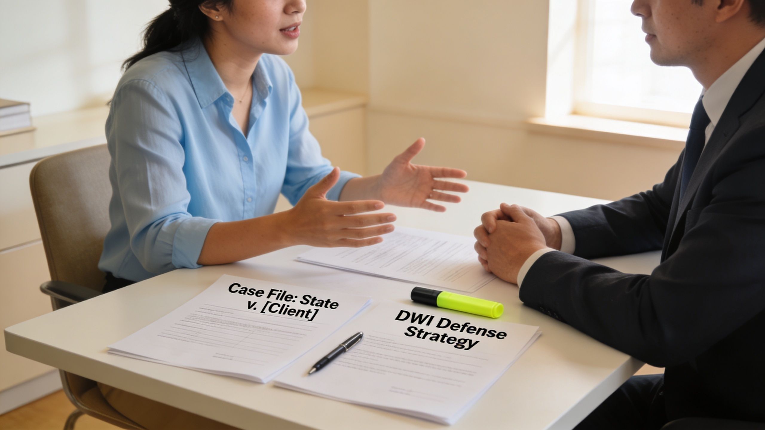 A professional lawyer discussing a DWI case strategy with a client in an office setting.