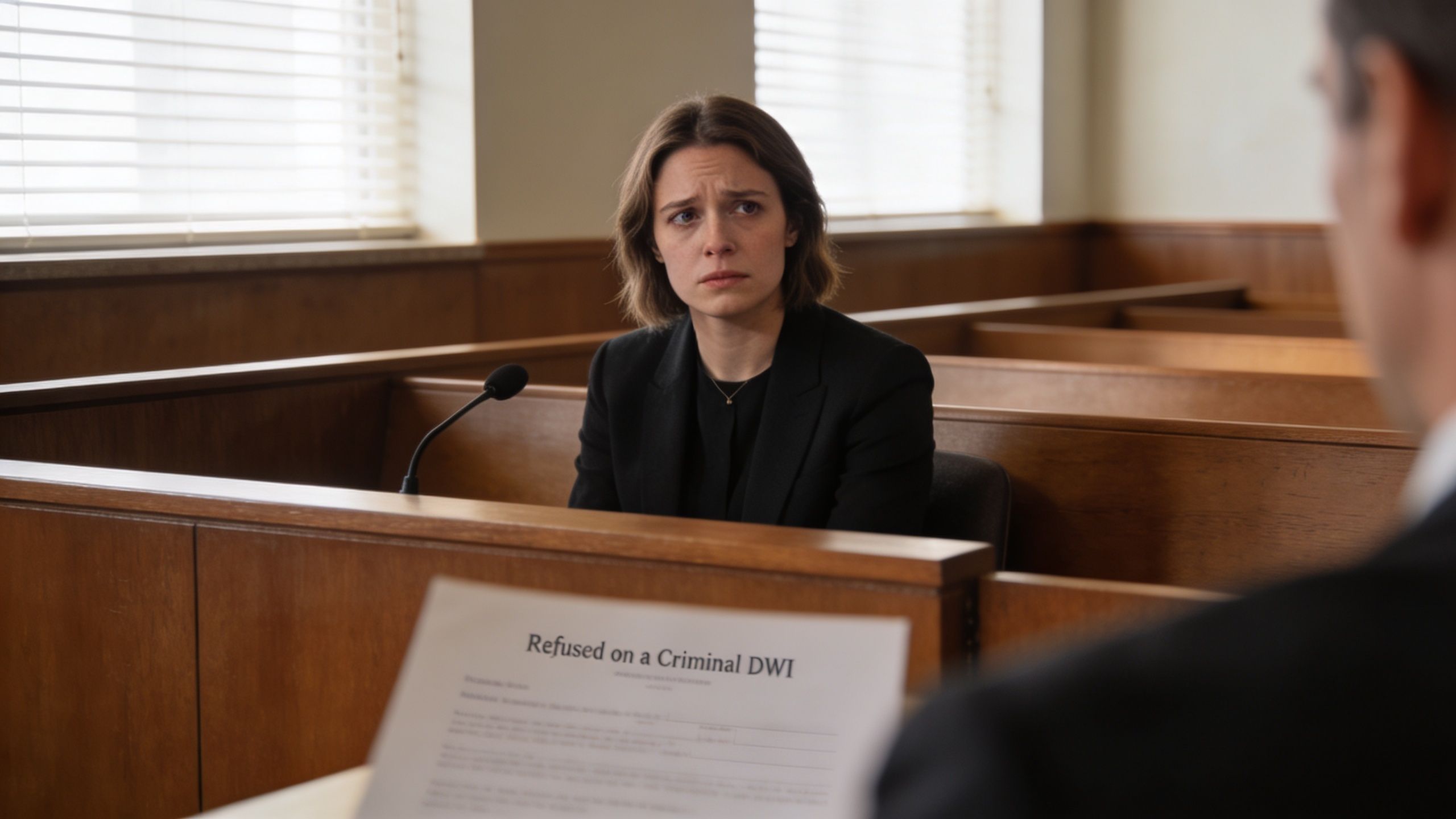 A woman sits in a courtroom witness stand looking at a document regarding a criminal DWI refusal.