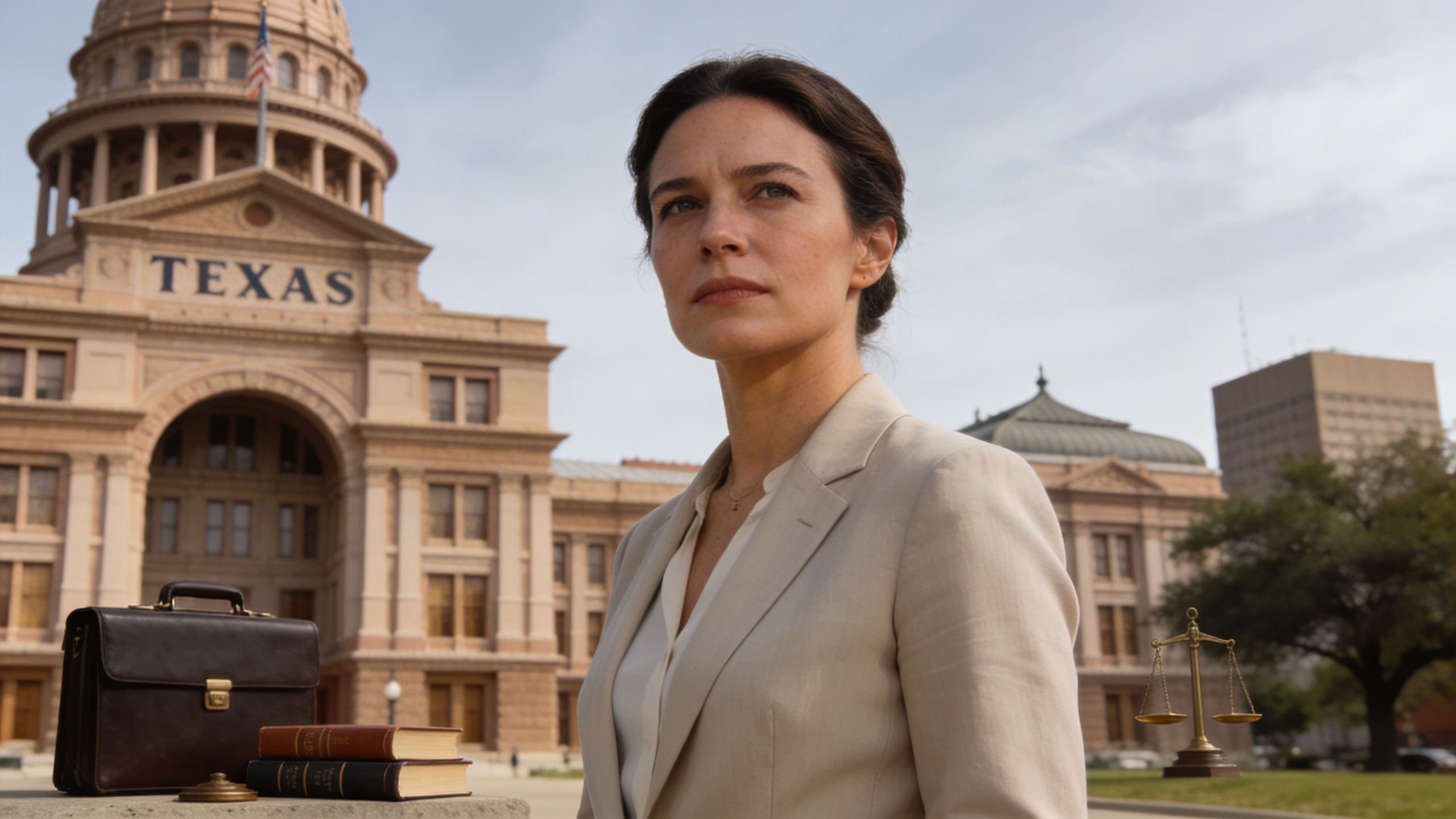A professional woman standing in front of the Texas State Capitol building with legal items nearby.