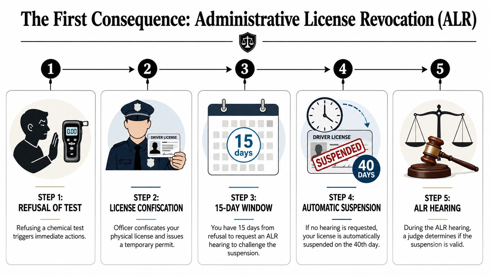 A diagram outlining the five steps of Administrative License Revocation following a refusal of sobriety tests.
