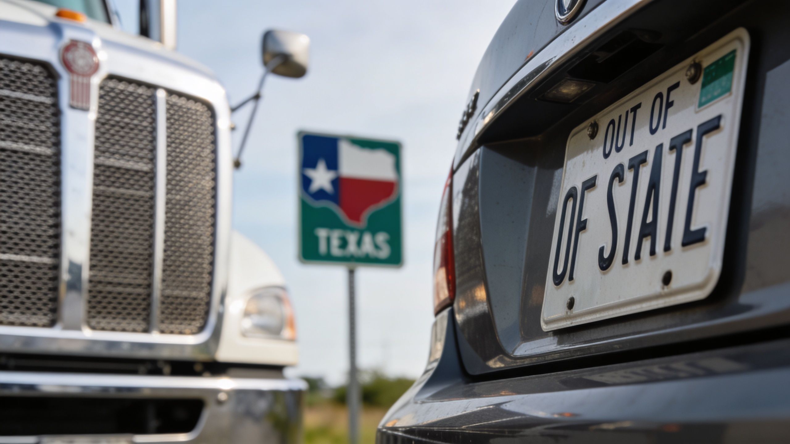 A close-up view of an out-of-state license plate on a car with a Texas state sign in the background.
