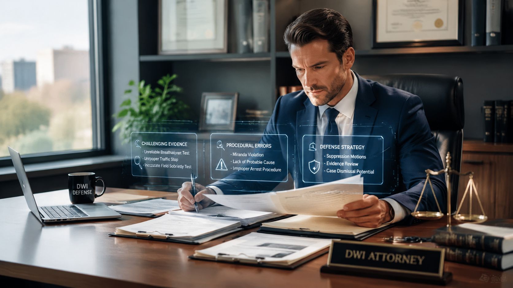 A professional DWI attorney reviewing legal documents at his desk with digital strategy infographics displayed nearby.