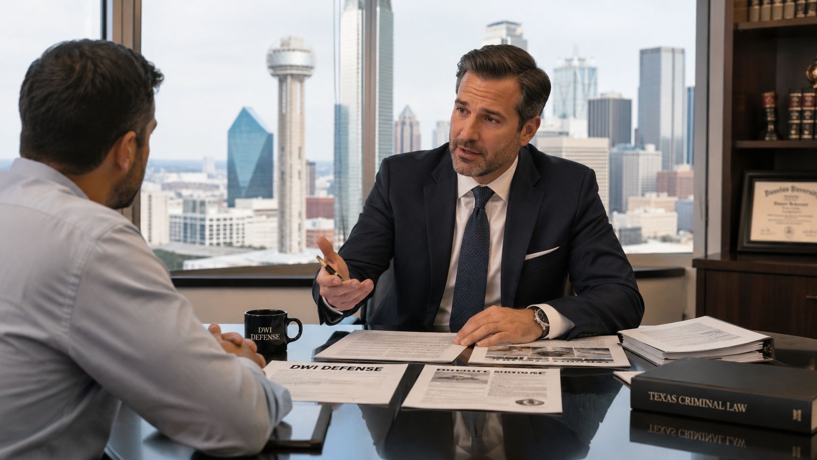 A professional DWI lawyer in Dallas consults with a client in an office overlooking the city skyline.