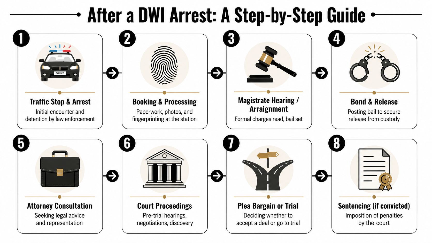 An infographic showing an eight-step process starting from a DWI arrest through to the court sentencing phase.