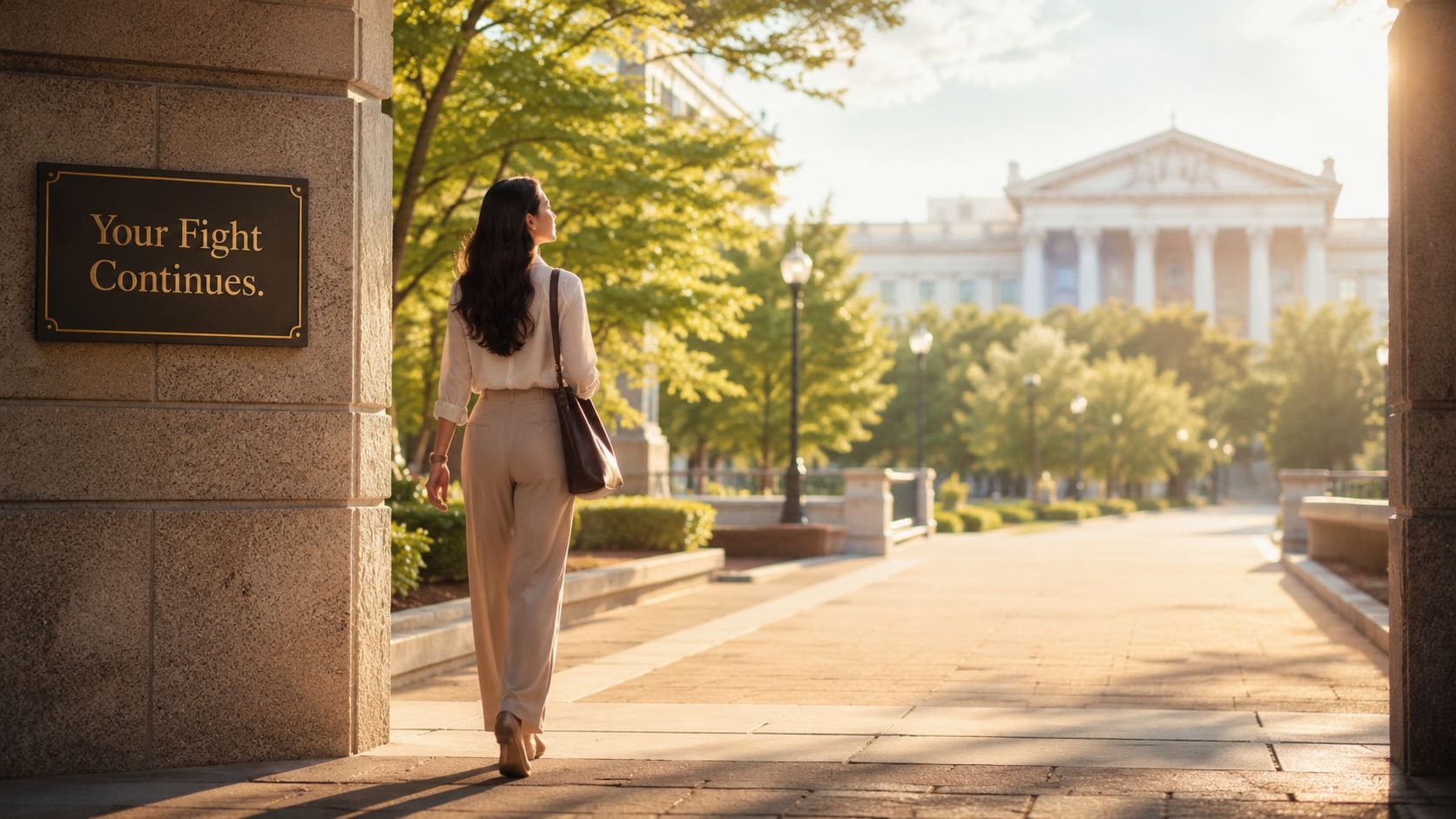 A professional woman walking away toward a neoclassical building past a stone wall with an inspirational sign.
