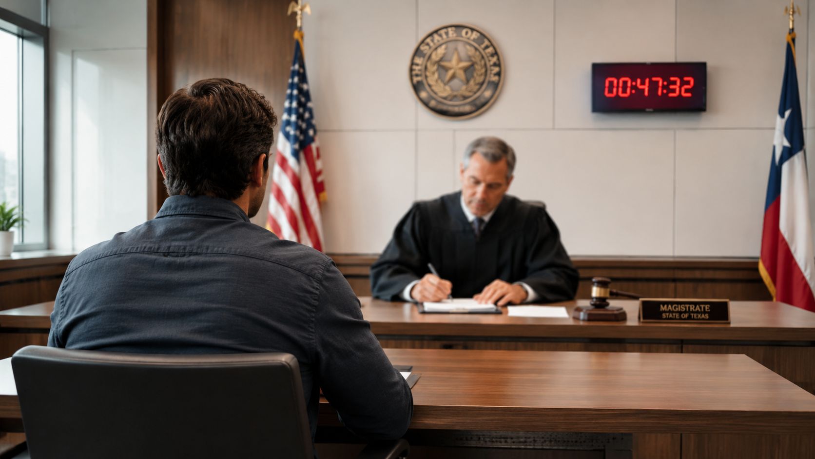 A man sitting before a Texas magistrate in a courtroom during a formal legal proceeding.