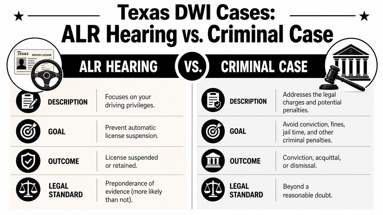 A comparison chart explaining the differences between an ALR hearing and a criminal DWI case in Texas.