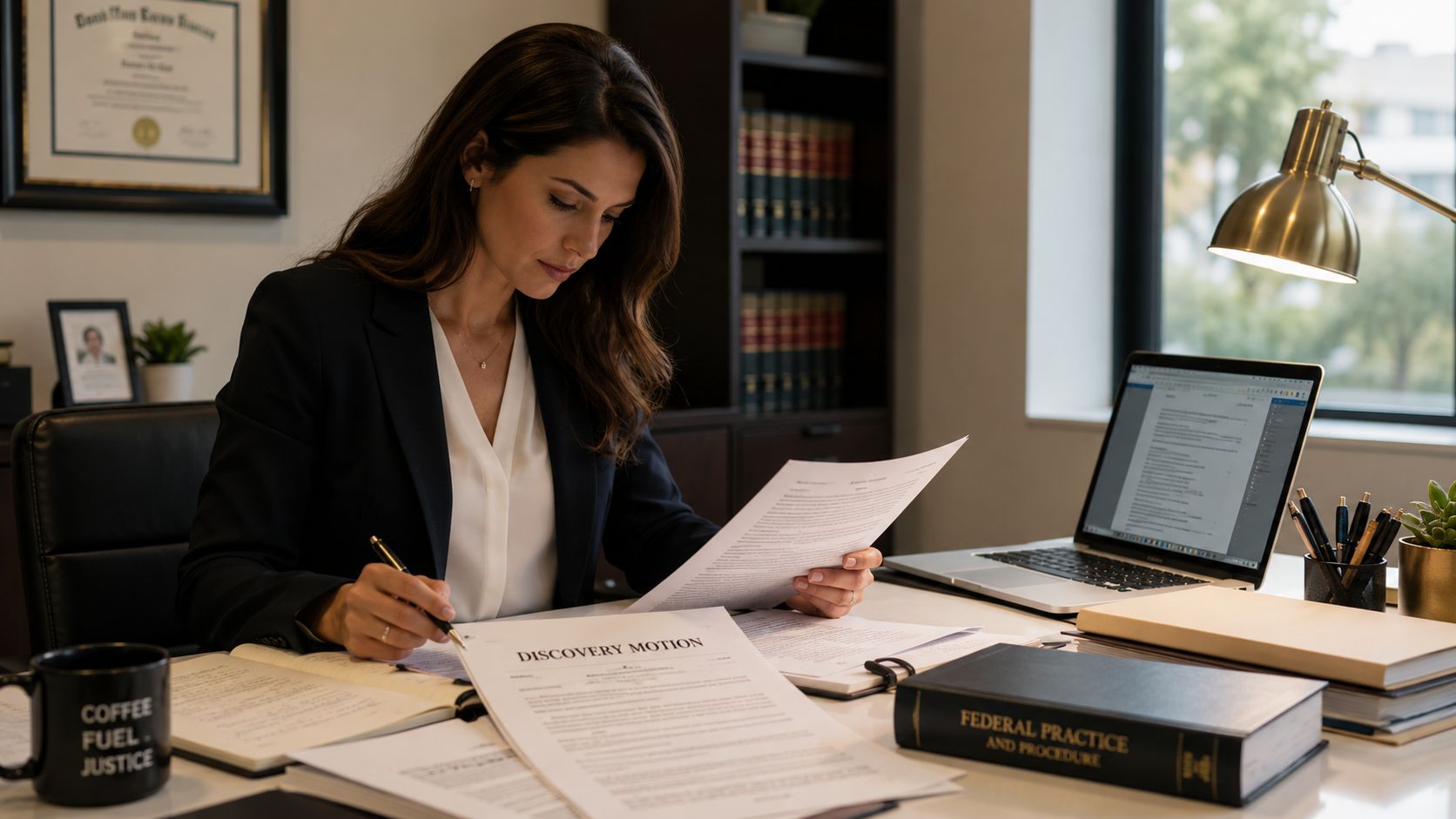 A female lawyer in a professional office reviewing a discovery motion document at her desk.