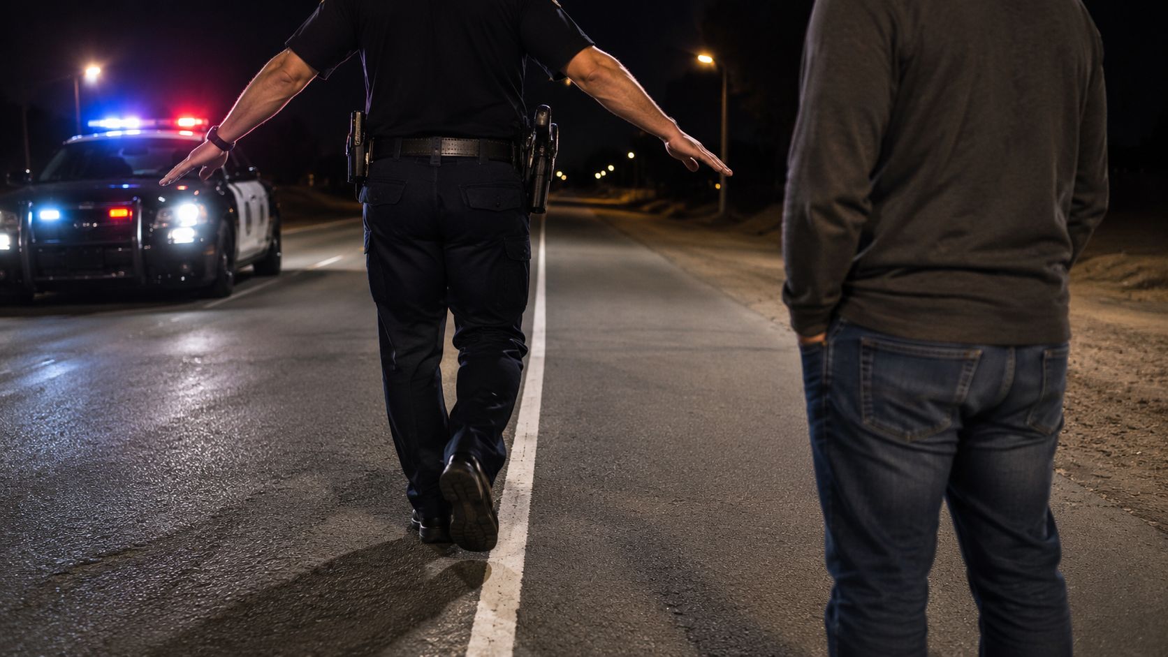 A police officer conducts a field sobriety test on a driver on a dark roadside at night.