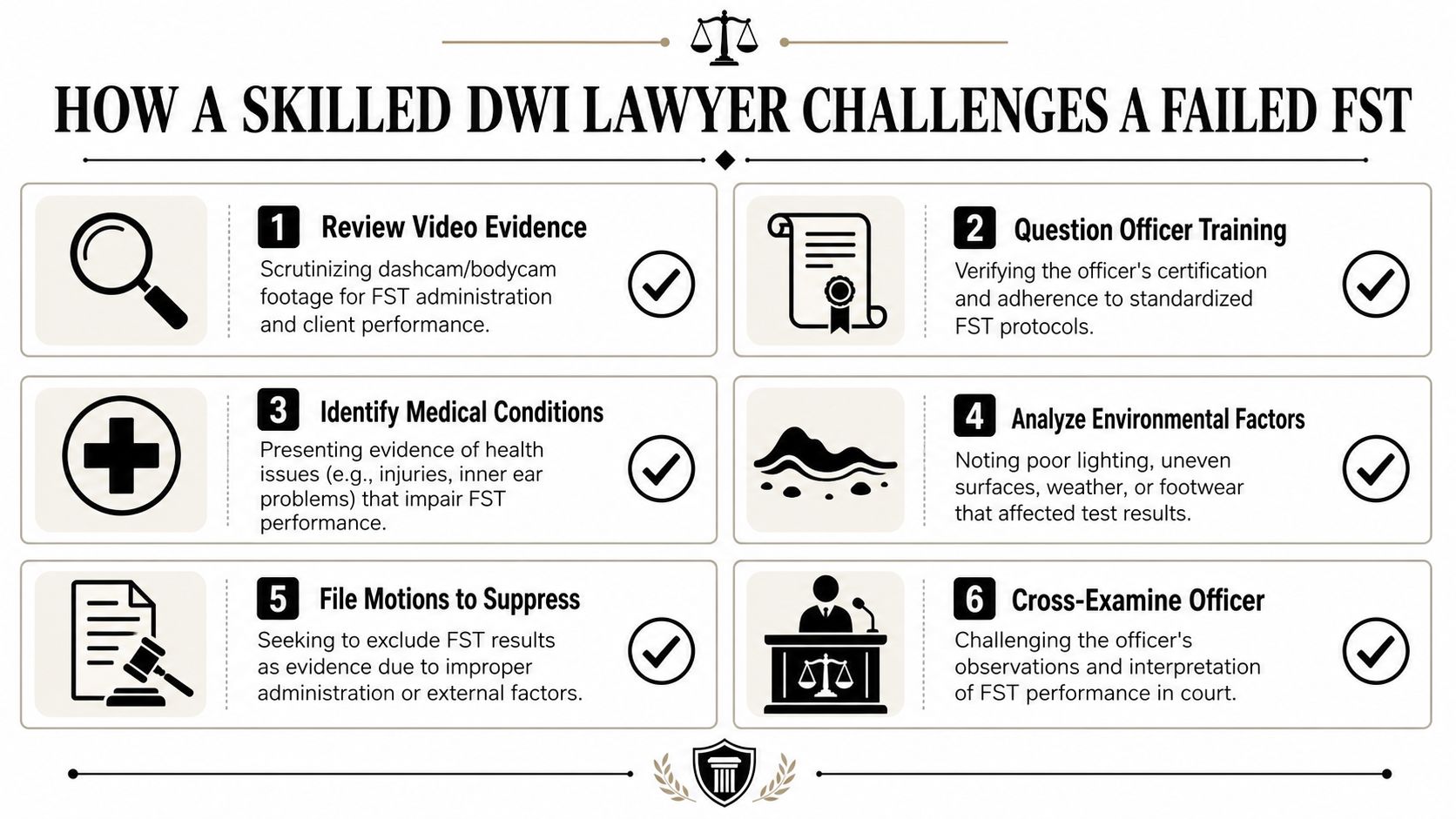 A six-step infographic detailing how a skilled DWI lawyer challenges a failed field sobriety test in court.