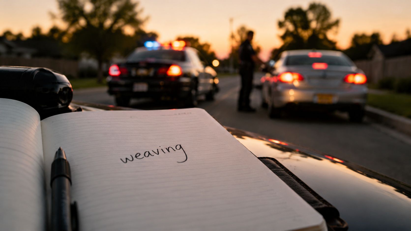 A notepad with the word weaving written on it, resting on a police car hood during a traffic stop.