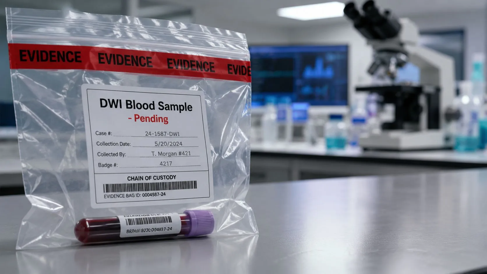 A sealed evidence bag containing a blood sample tube for a pending DWI case test on a lab bench.