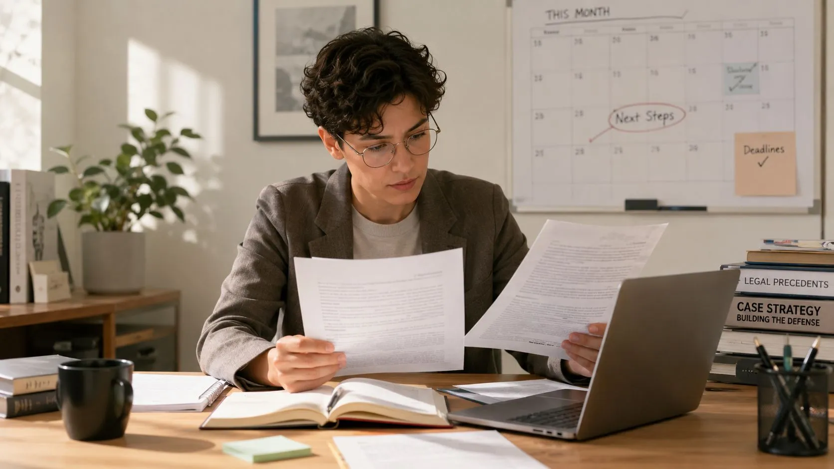 A professional woman in a suit reviews legal documents while working at her desk in an office.