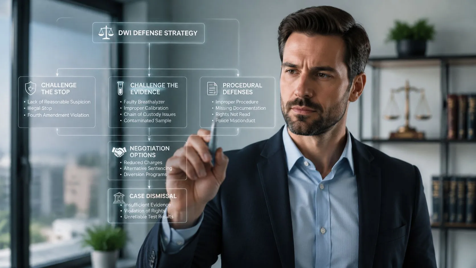 A professional lawyer pointing at a digital flowchart outlining DWI defense strategies for legal cases.