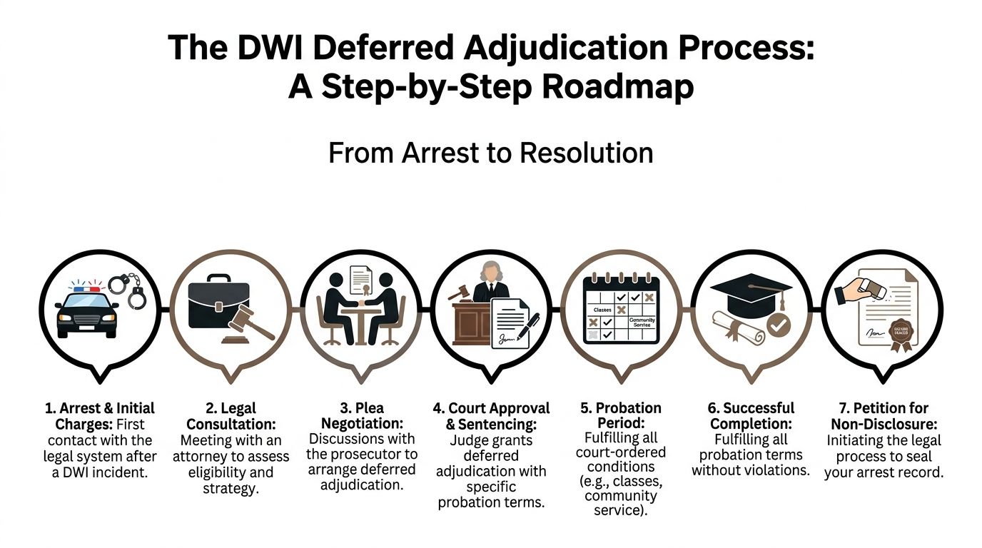 A seven-step flowchart illustrating the DWI deferred adjudication legal process from initial arrest to record sealing.