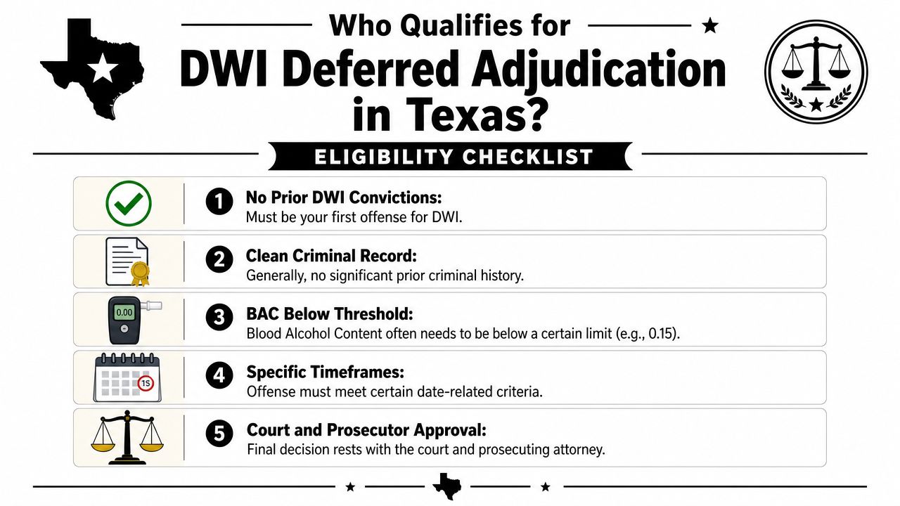An infographic detailing the eligibility checklist for obtaining DWI deferred adjudication in the state of Texas.
