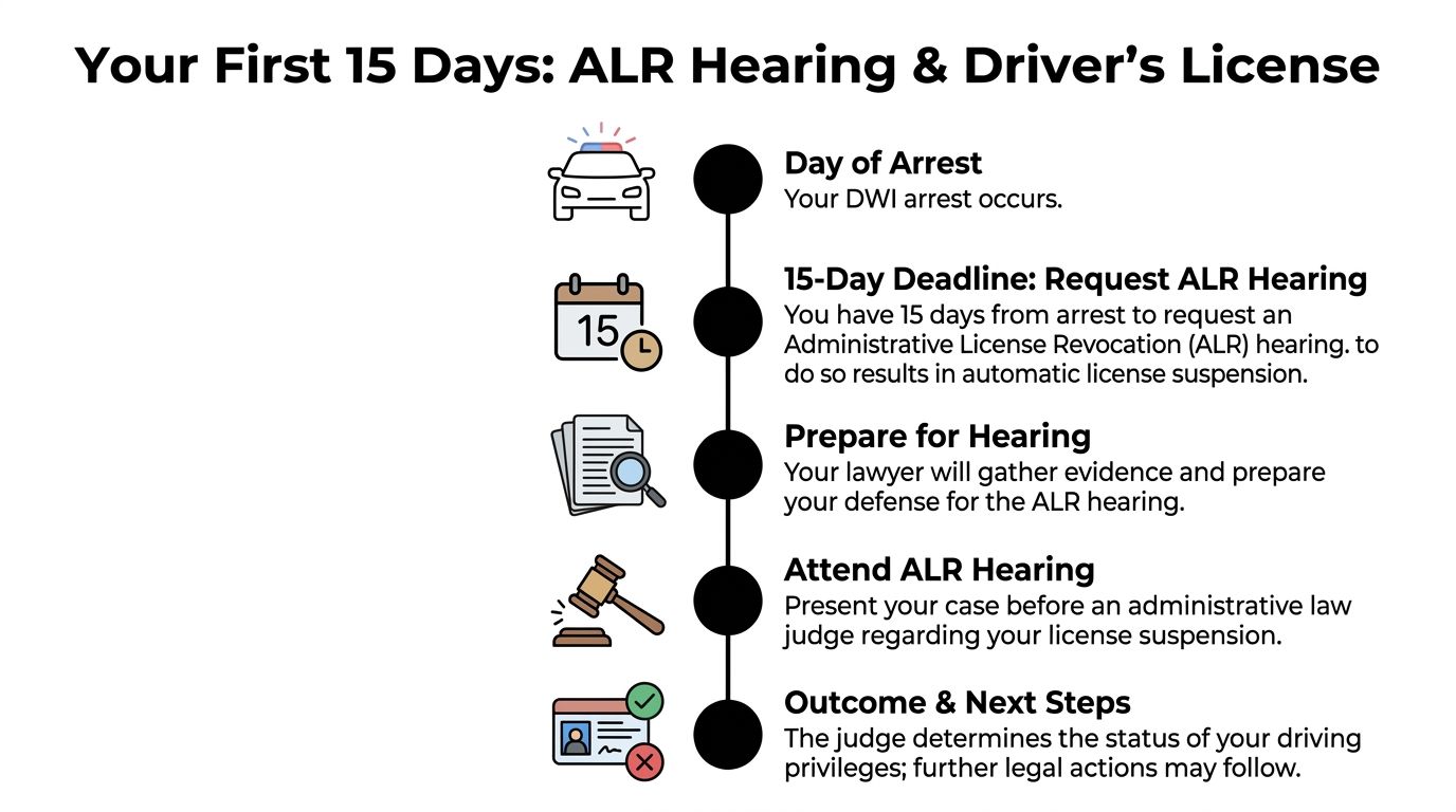 A timeline graphic illustrating the 15-day deadline to request an ALR hearing following a DWI arrest.