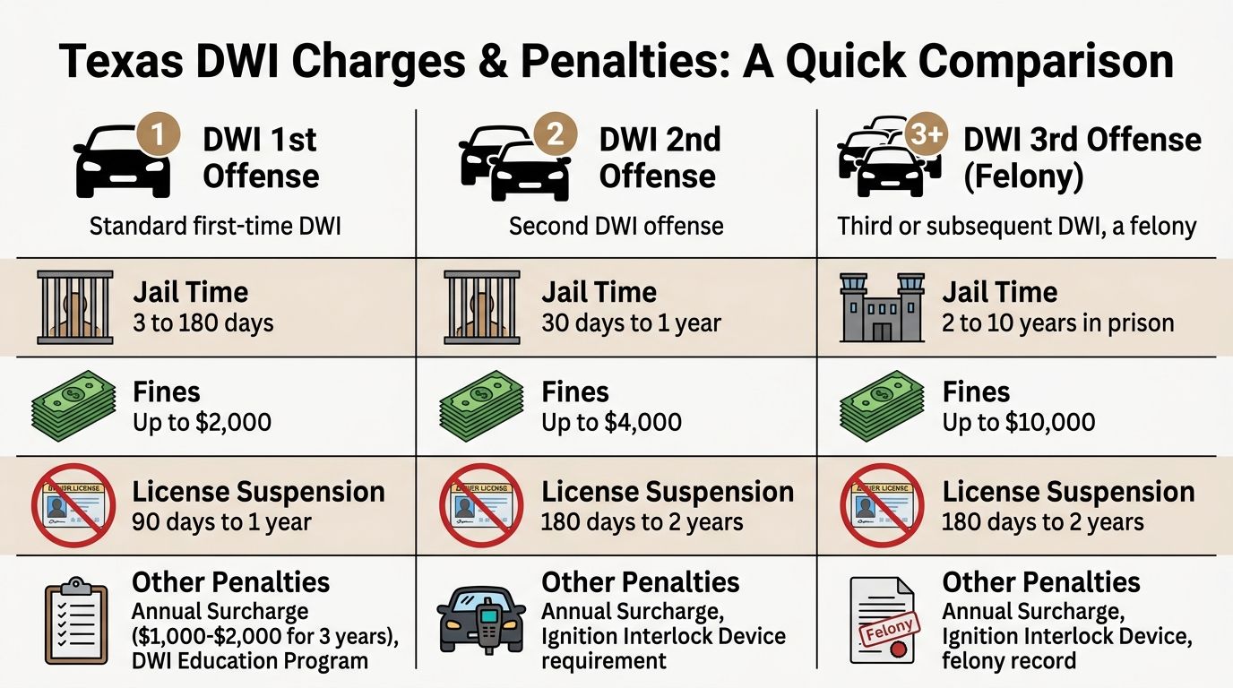 A table outlining Texas DWI laws, detailing jail time, fines, and license suspensions for first to third offenses.