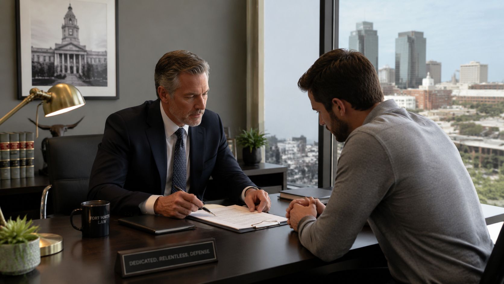A professional lawyer in a suit reviews legal documents with a client in a Fort Worth office.