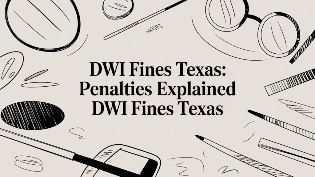 DWI fines Texas graphic illustrating penalties explained, featuring text "DWI Fines Texas: Penalties Explained" with visual elements like glasses and pens.