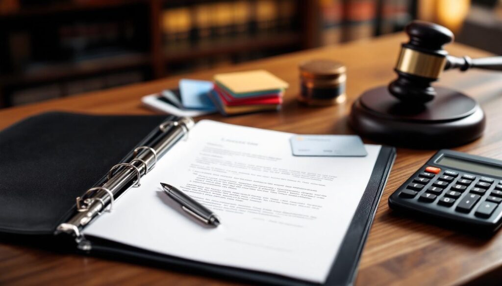 Legal documents and a pen on a desk with a gavel, calculator, and credit card, symbolizing accessible payment plans for DUI legal services at Bryan Fagan Law Office.