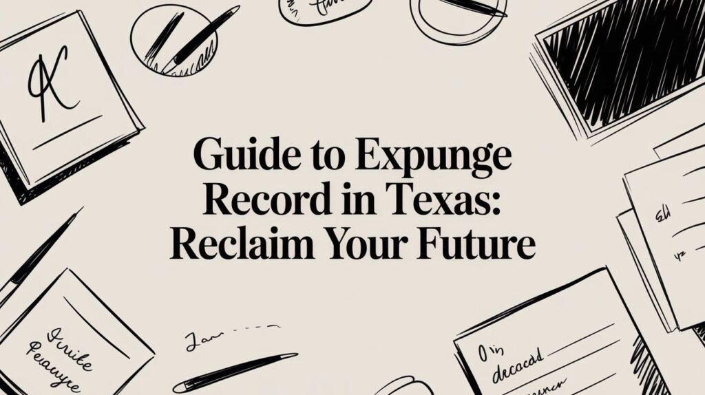 Guide to expunge record in Texas with text overlay, featuring legal documents and writing tools, symbolizing the process of reclaiming one's future.