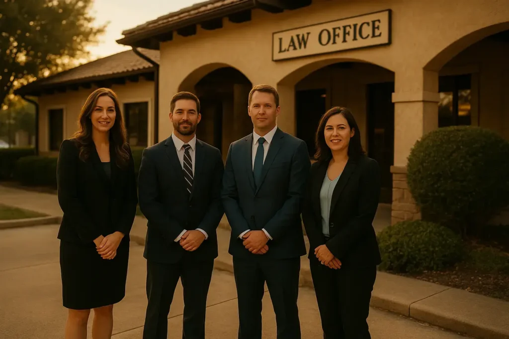 Group of four attorneys standing in front of Bryan Fagan Law Office, showcasing professionalism and approachability, with "LAW OFFICE" sign visible above the entrance.