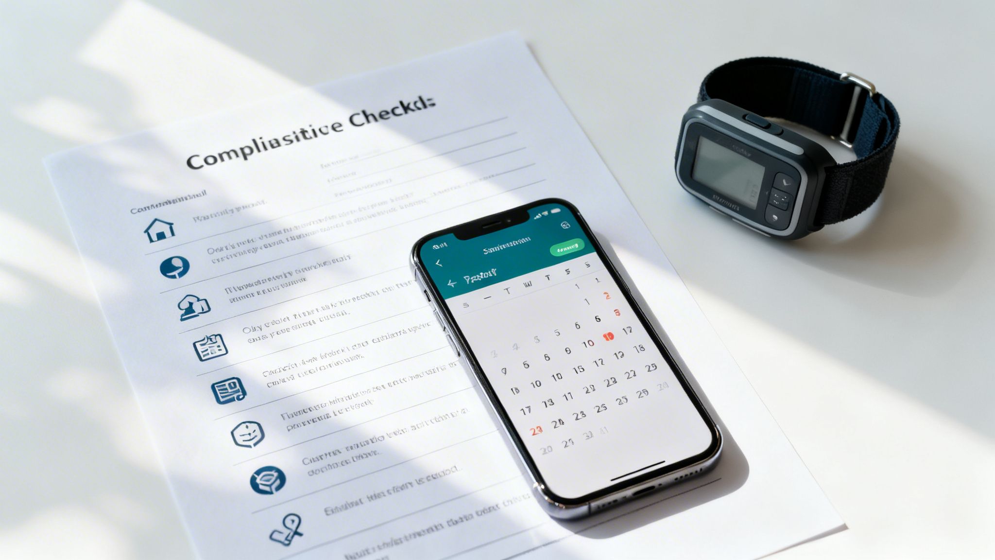 An ankle monitor, an iPhone displaying a calendar, and a 'Compliasitice Checkd' document.