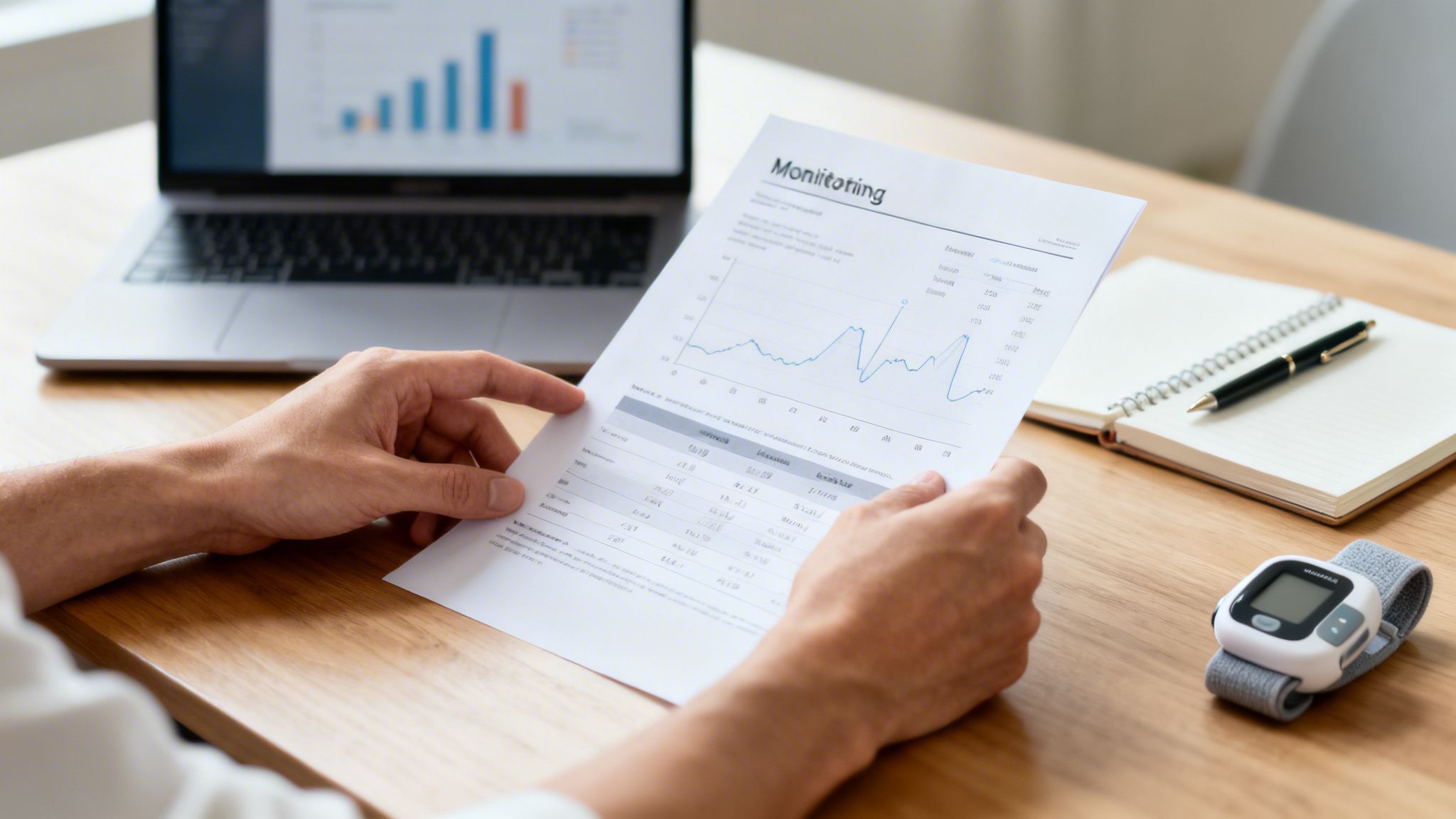 A person reviews a monitoring report and charts on a laptop, with an ankle monitor on the desk.