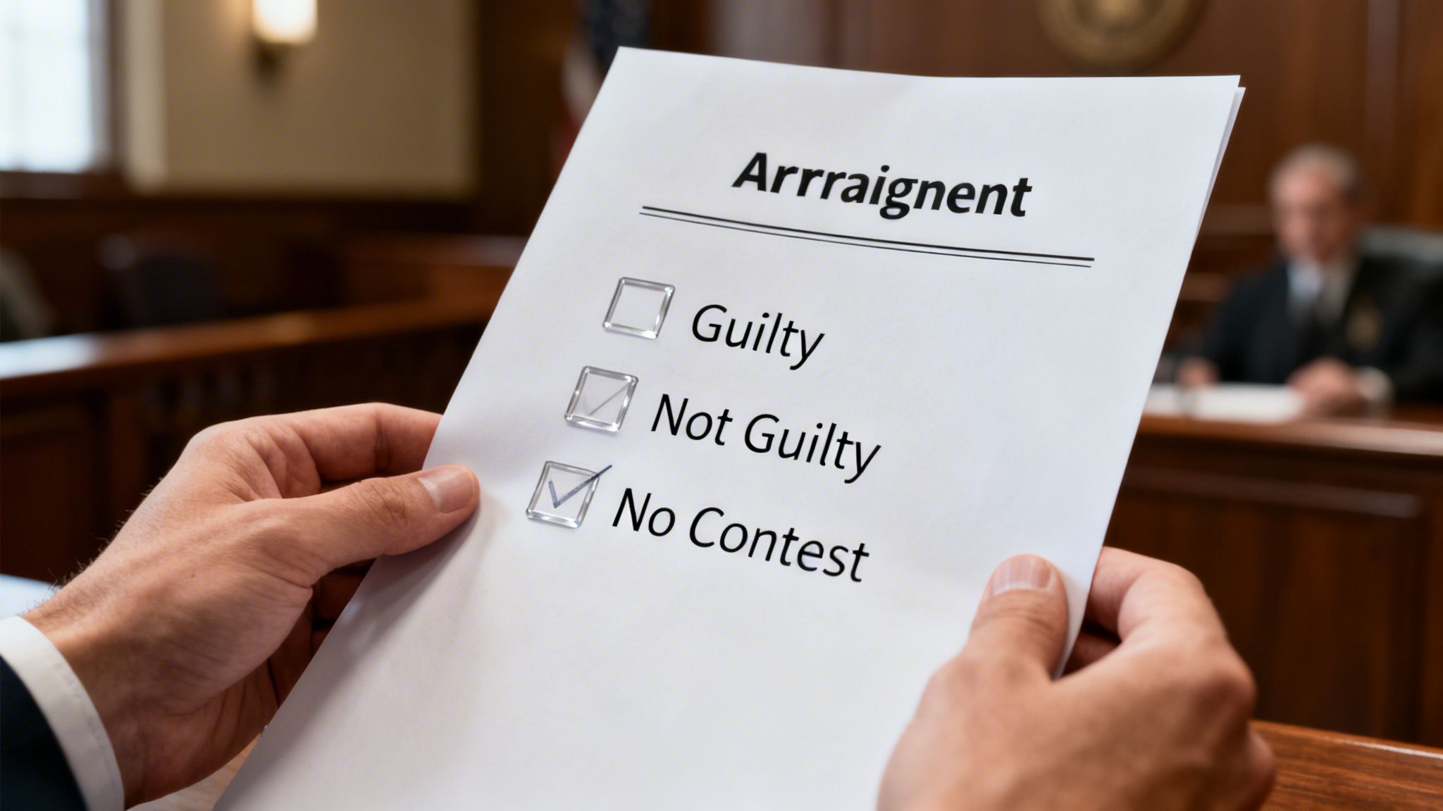 A person holds an arraignment document in a courtroom, with 'No Contest' checked as the plea.