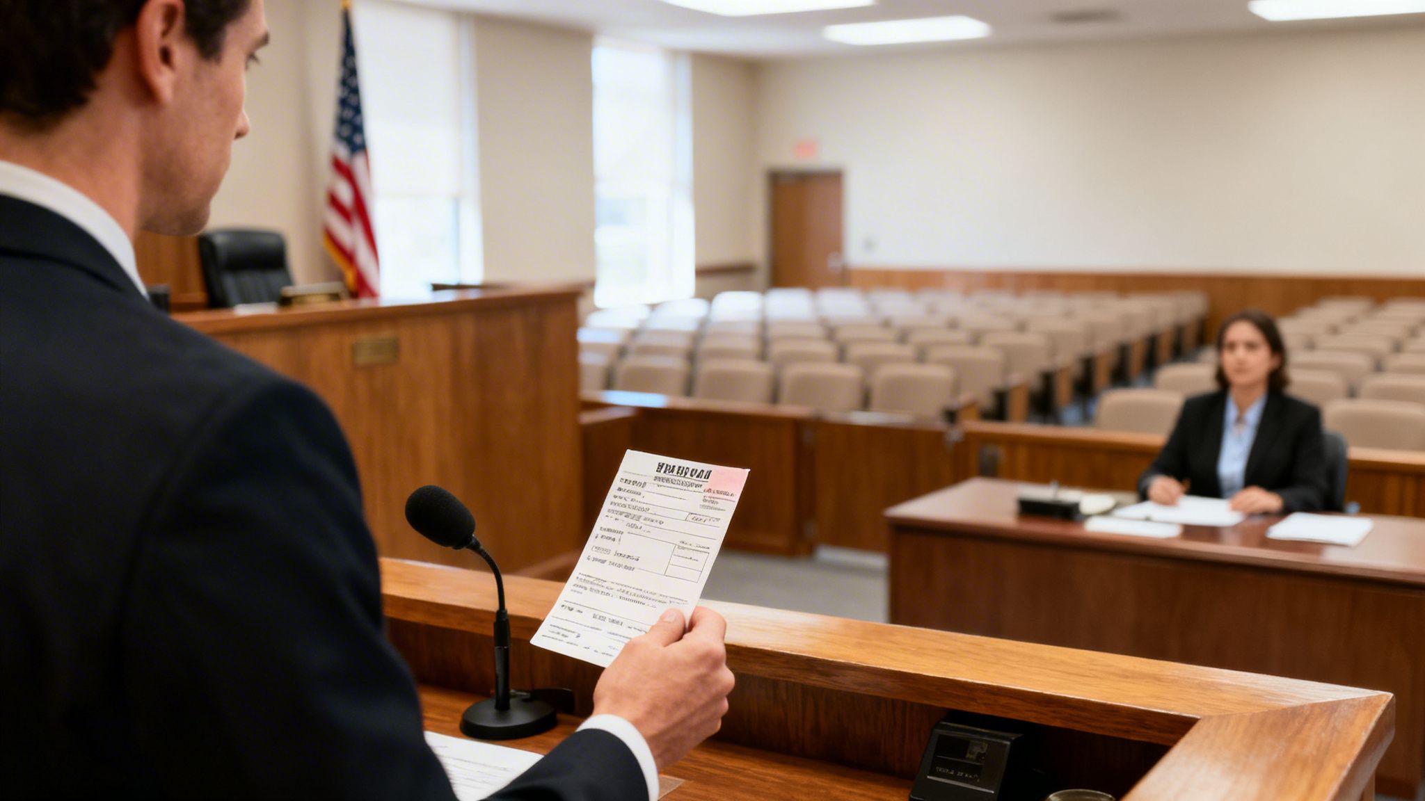 A man in a suit holds a legal document at a podium with a microphone in a courtroom.
