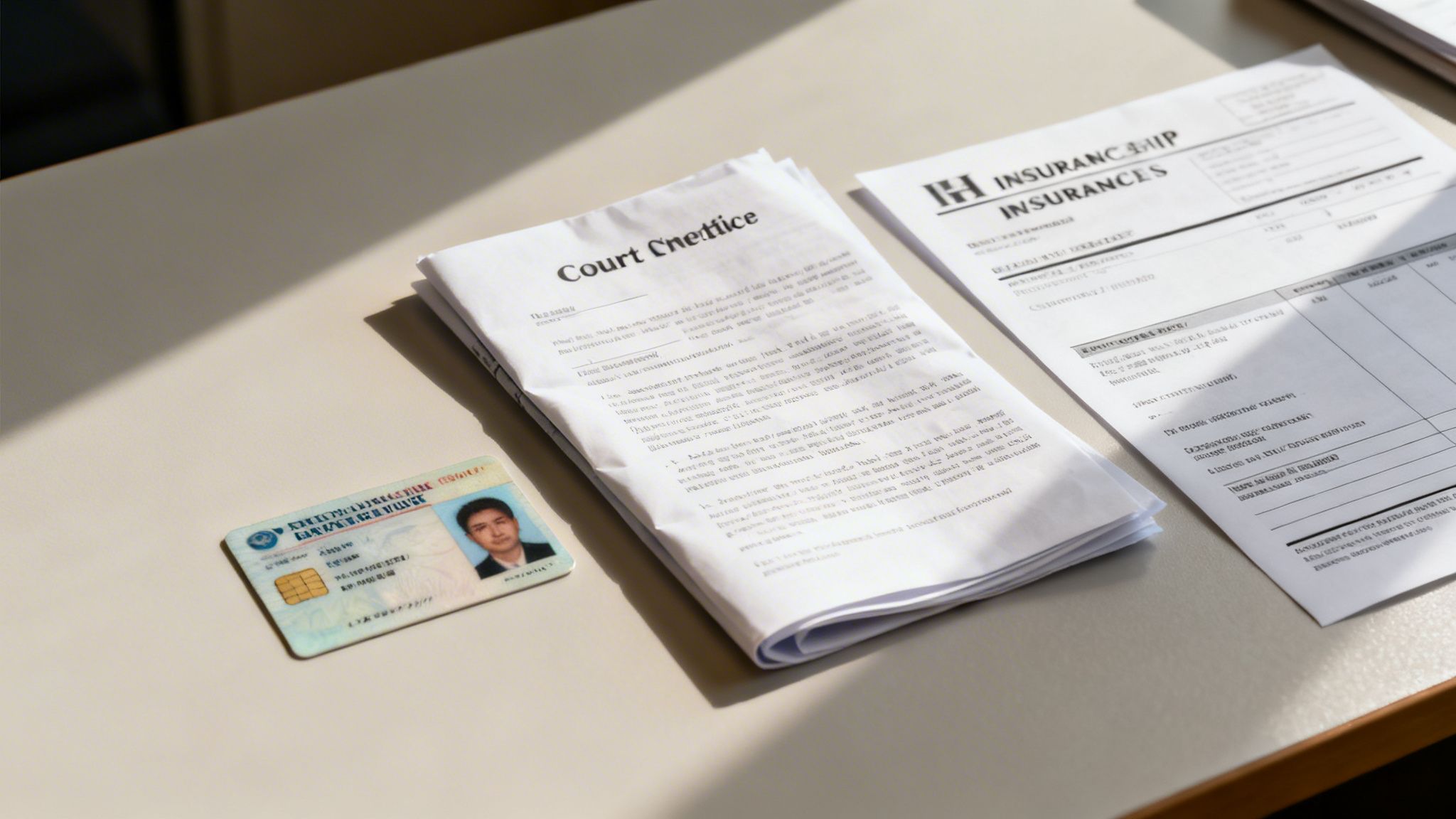 Official documents including an ID card, court notice, and insurance papers on a table.