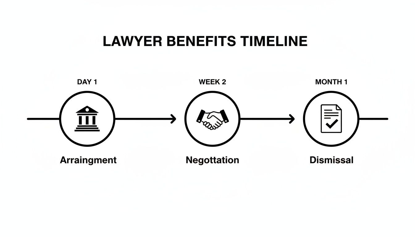 A legal process timeline showing arraignment on day 1, negotiation in week 2, and dismissal by month 1, with respective icons.