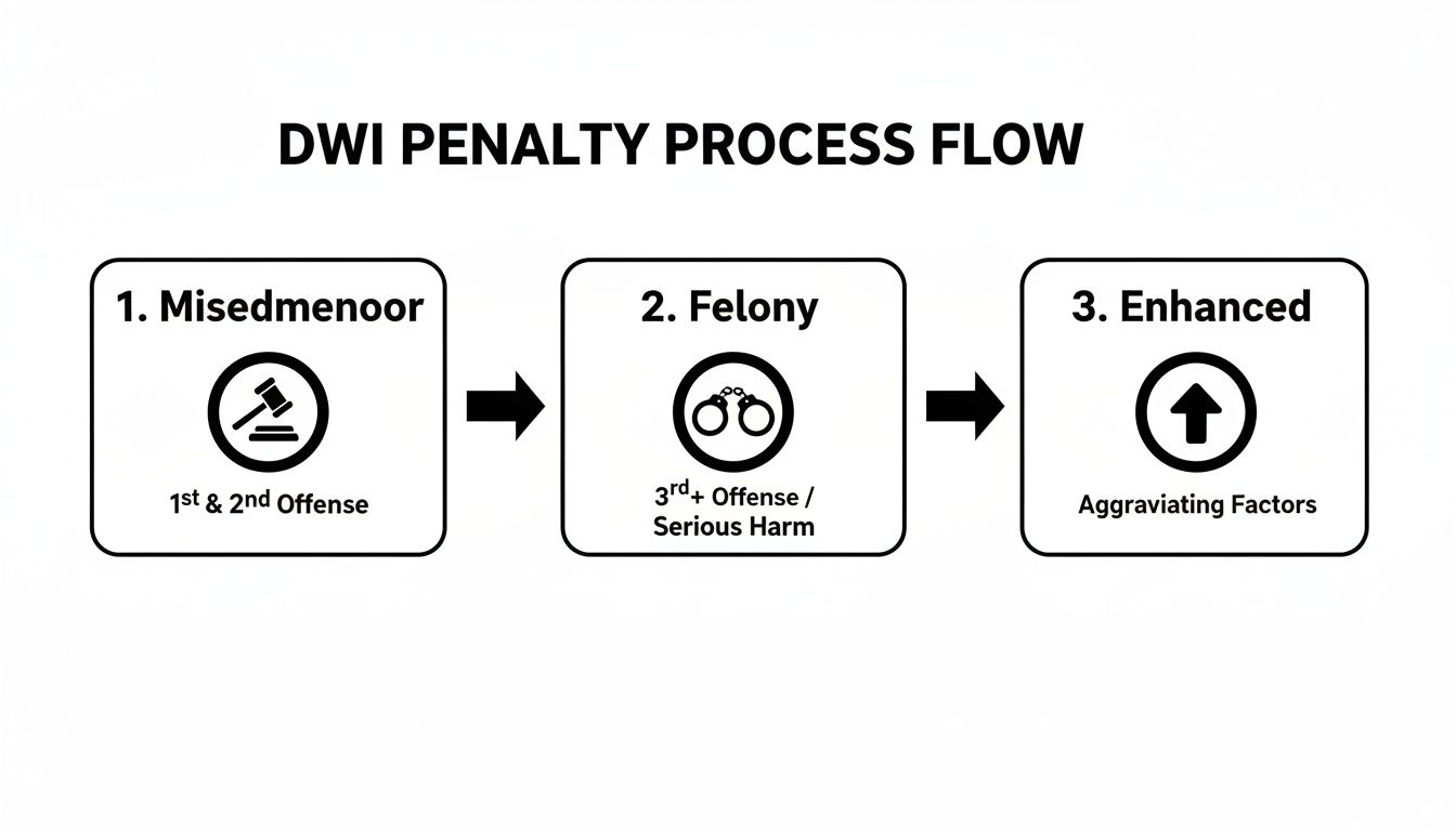 DWI penalty process flowchart shows progression from misdemeanor (1st/2nd offense) to felony (3rd+ offense) and enhanced penalties.