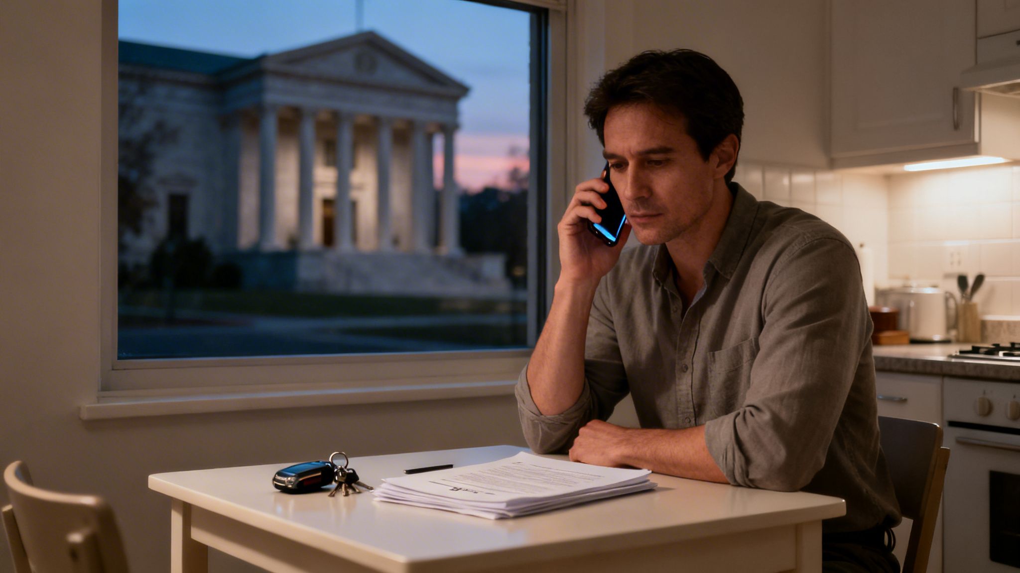 Concerned man on phone indoors with legal documents, car keys, and a building in the background.