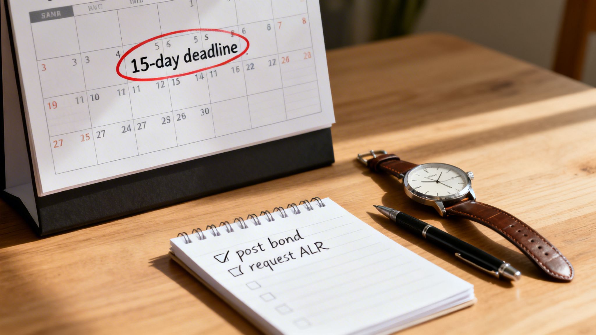 A calendar shows a '15-day deadline' circled, next to a notebook with legal tasks.