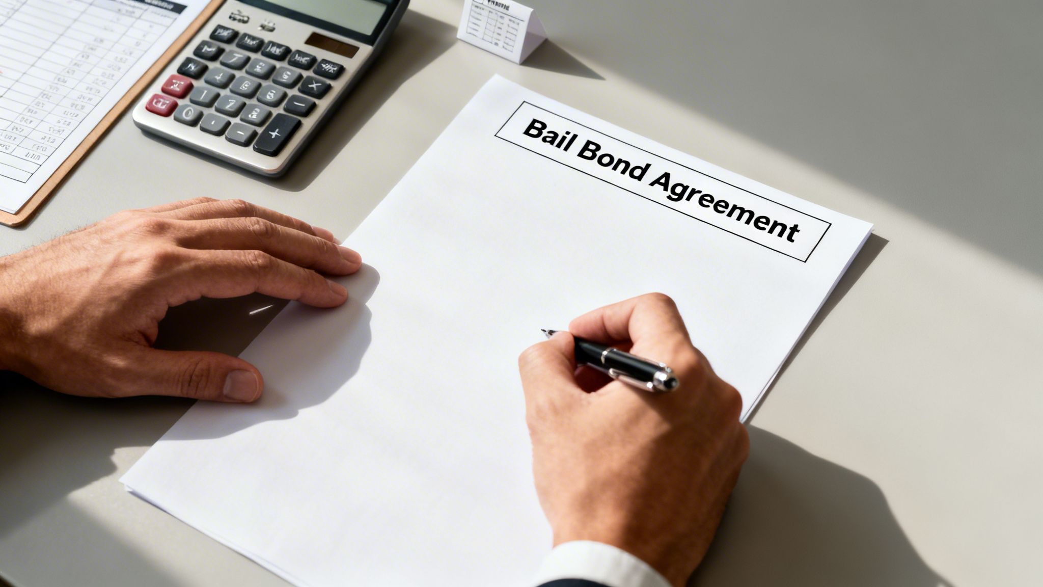 Person signing a Bail Bond Agreement document on a desk with a calculator and paperwork.