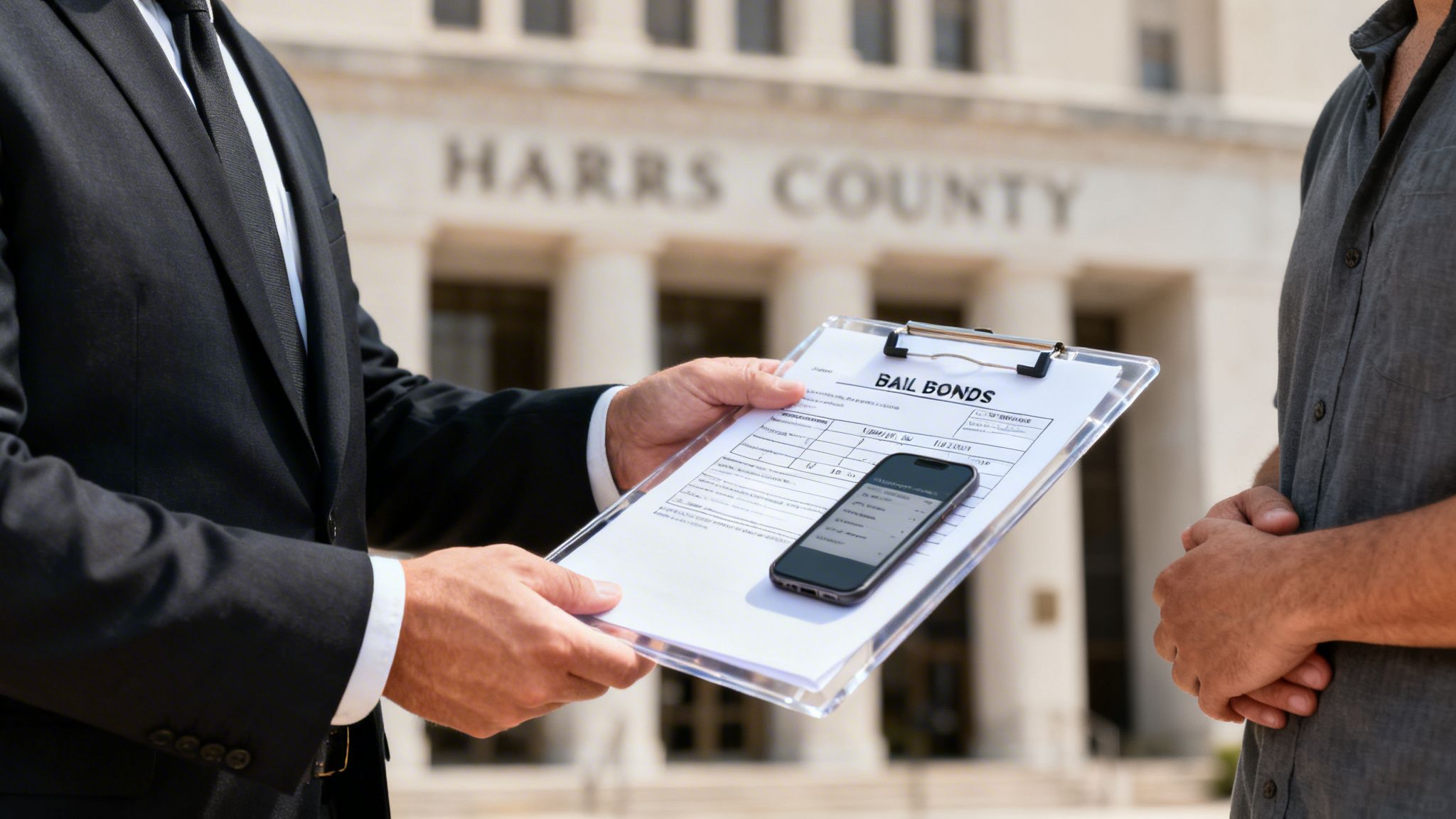A person in a suit holds a bail bonds form and a phone, speaking to another person outside Harris County building.