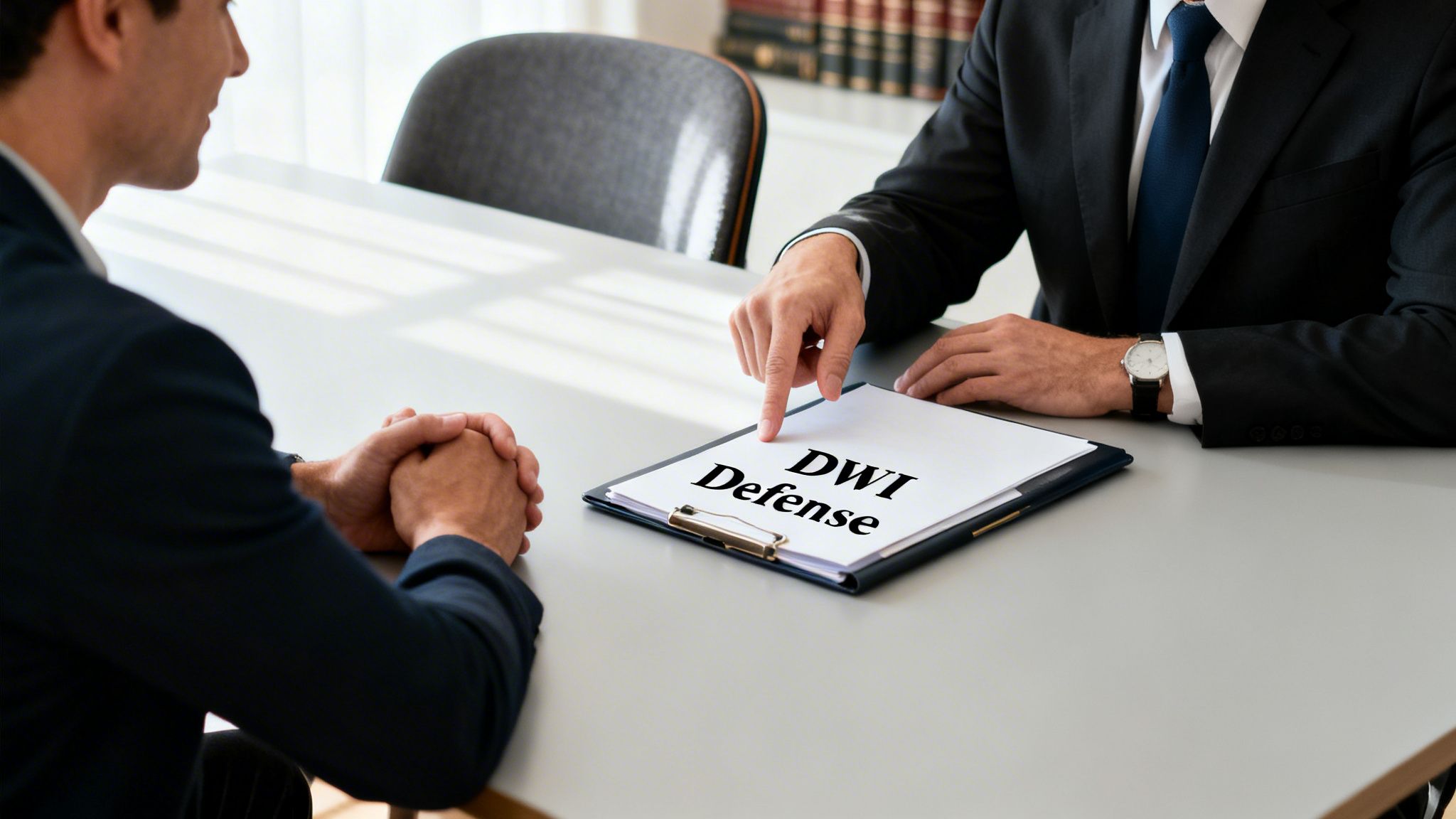 A lawyer points to a 'DWI Defense' document while consulting a client in an office.