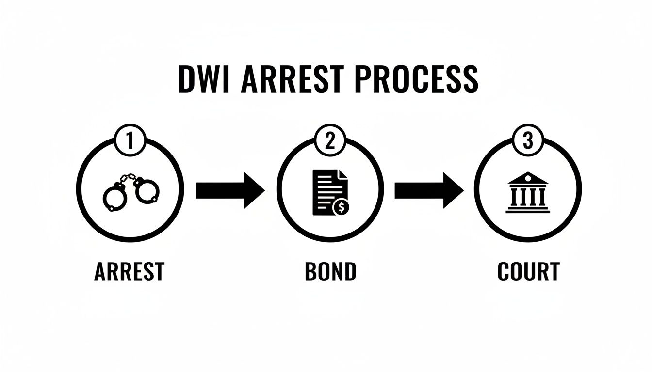 A flowchart illustrating the DWI arrest process, showing arrest, bond, and court steps with icons.