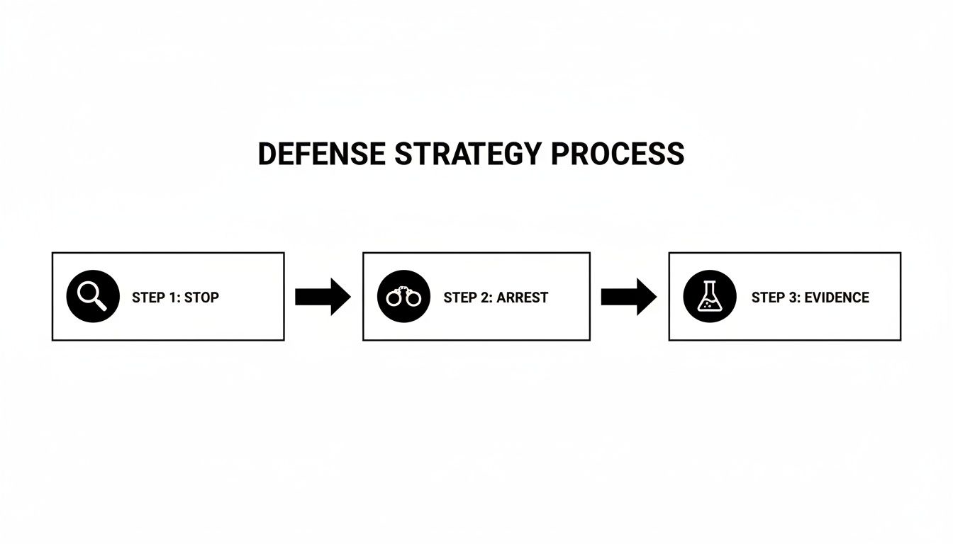 A flowchart visually outlining the defense strategy process with steps: stop, arrest, and evidence.