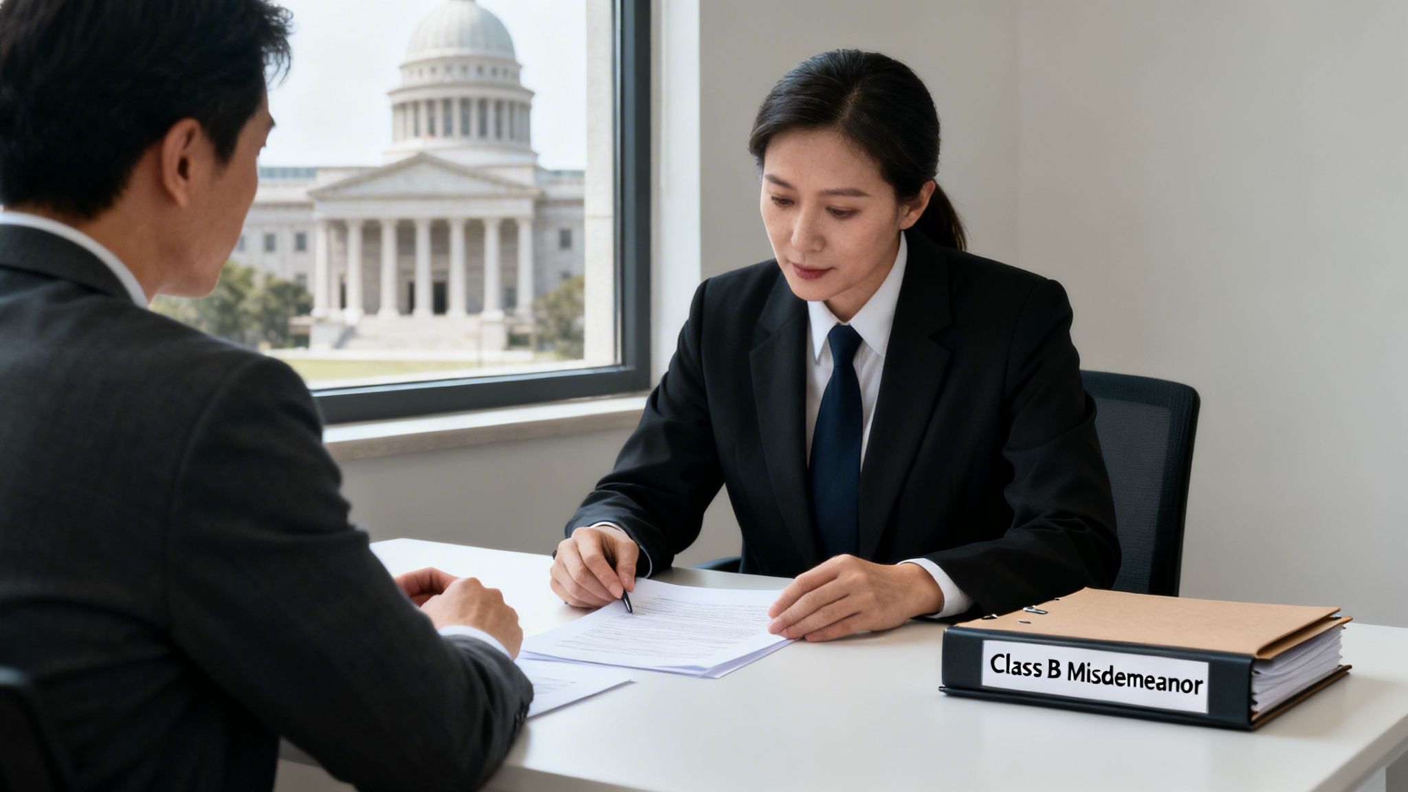 A lawyer explains "Class B Misdemeanor" documents to a client in an office overlooking a capitol building.