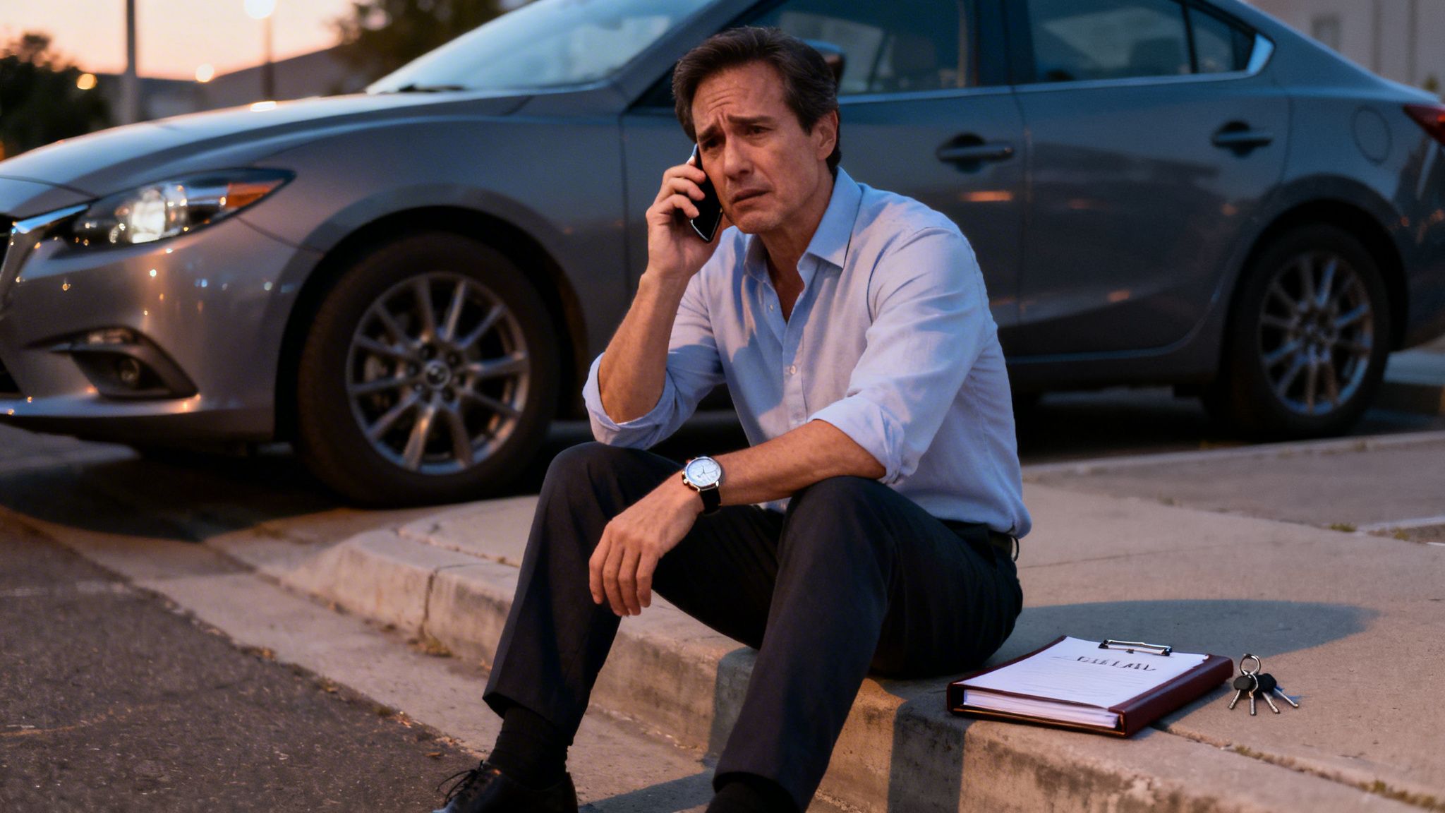 A distressed man sits on a curb next to his car, making a phone call.