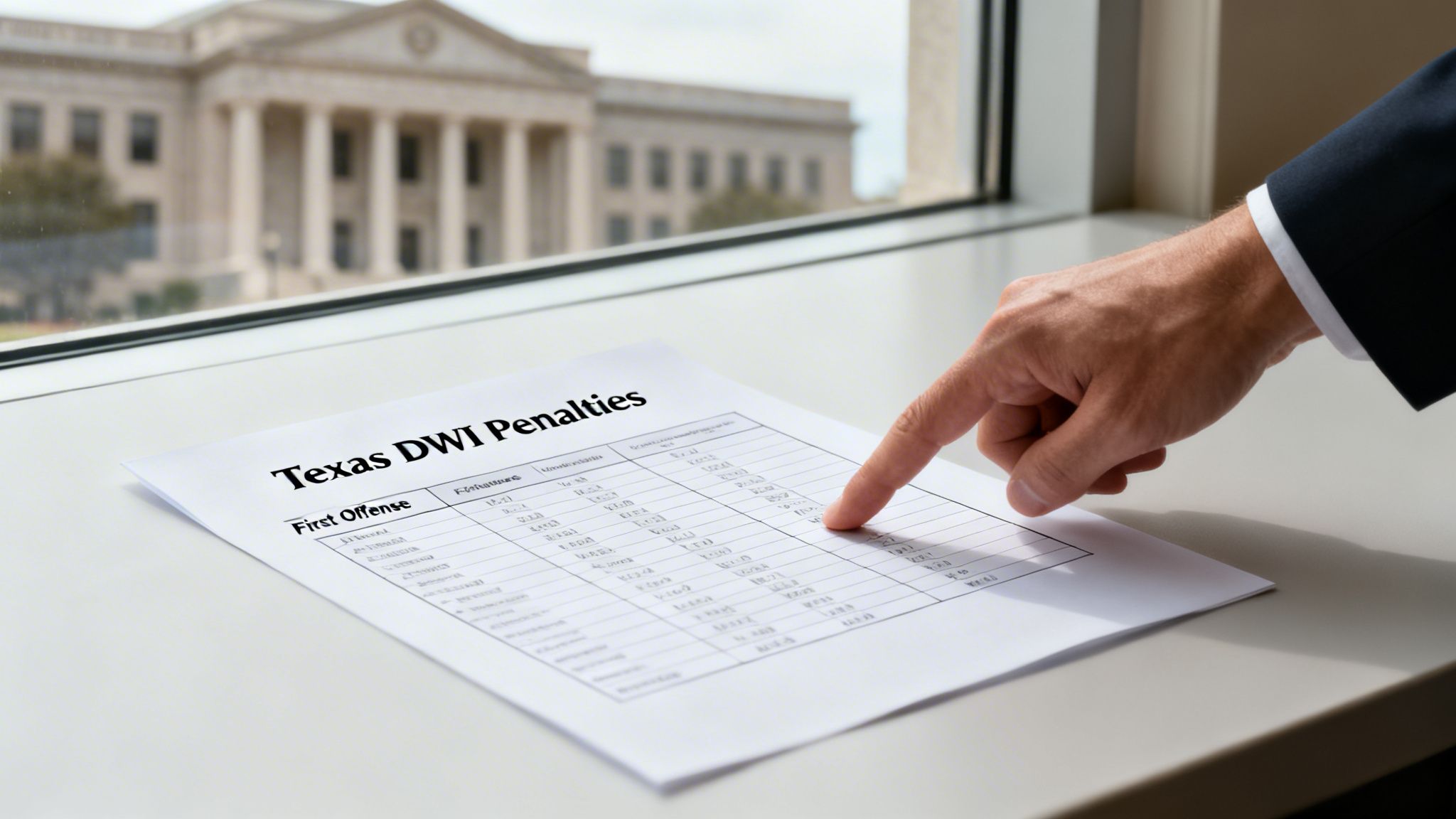 A hand points to a document titled 'Texas DWI Penalties' with a courthouse in the background.